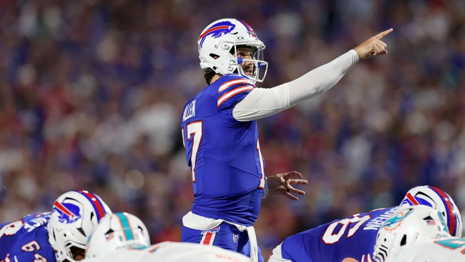 Buffalo quarterback Josh Allen directing the offense against Miami in Week 3