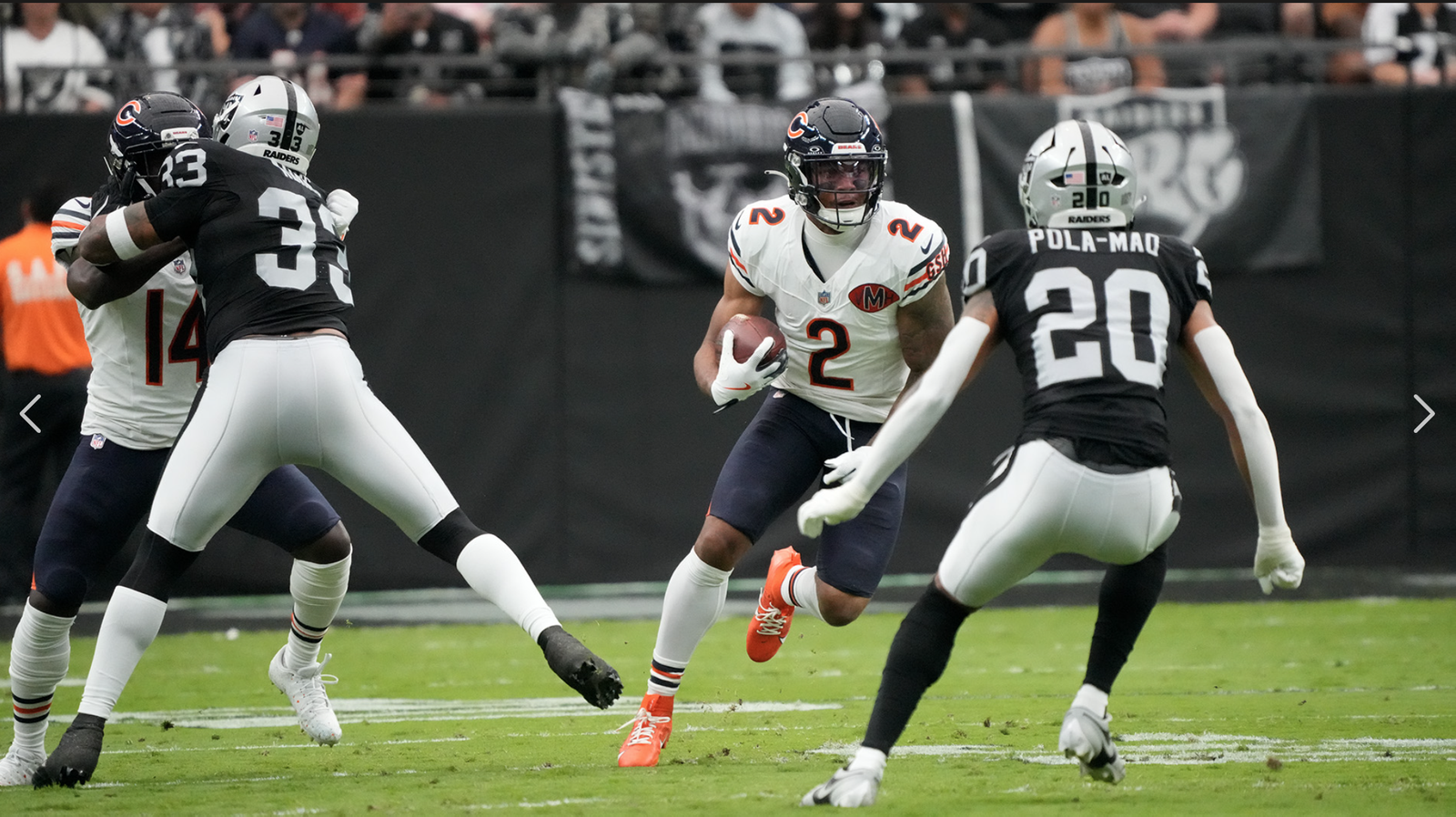 Chicago Bears ball carrier against Las Vegas Raiders in the Week 4 Game of the Week.